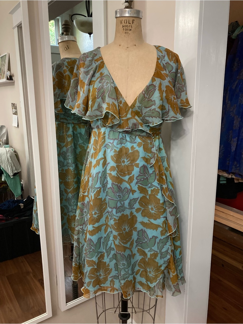 Anna Sui Light Blue & Mustard Floral V-Neck Ruffle Midi Dress